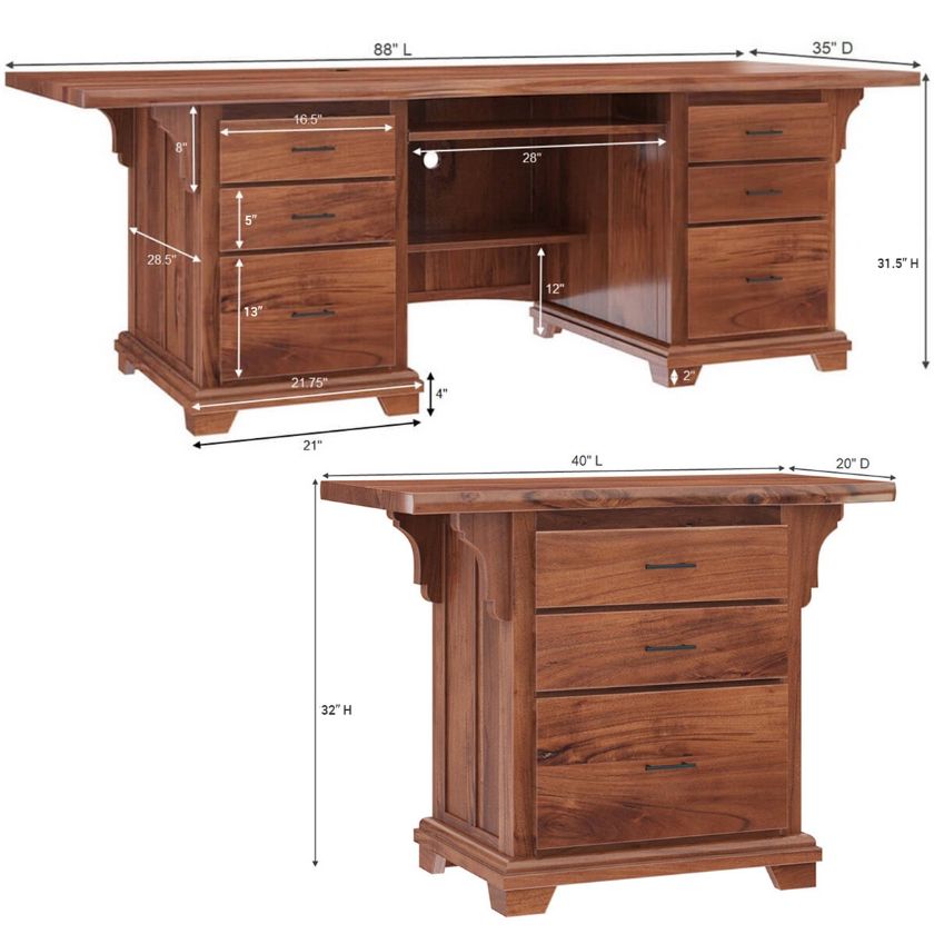 Maldon Large Live Edge Top Solid Acacia Wood Home Office Executive Desk Set Dimension Image