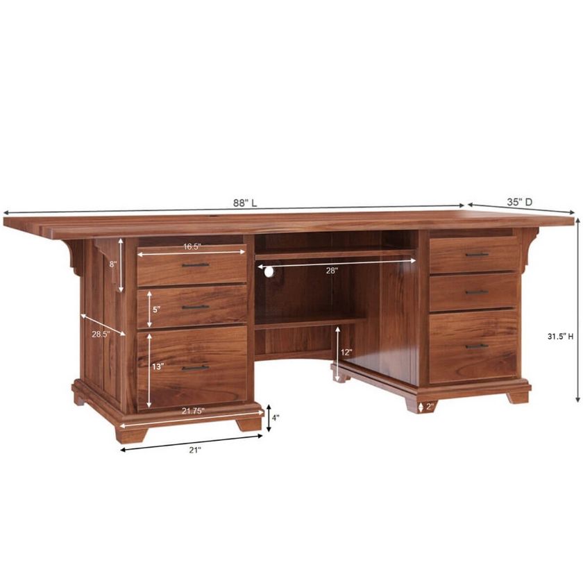 Maldon Solid Wood Large Home Office Desk with Drawers Dimension Image