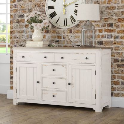 Picture of Greenville Farmhouse Two-Tone Teak Wood 5 Drawer Large Sideboard