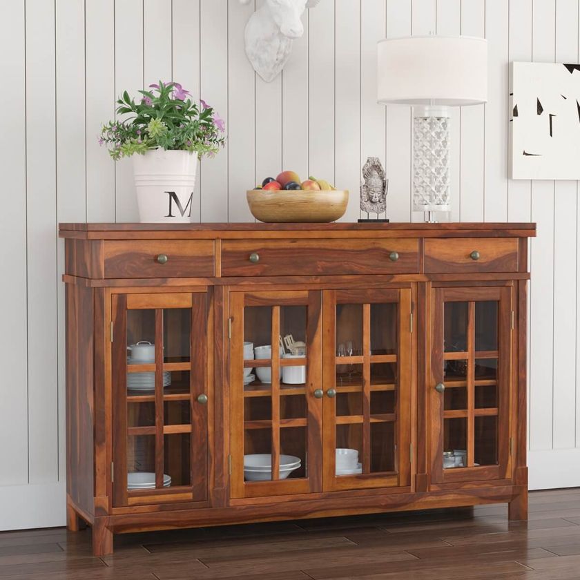 Picture of Granada Rustic Solid Wood Glass Door 3 Drawer Large Buffet Cabinet 