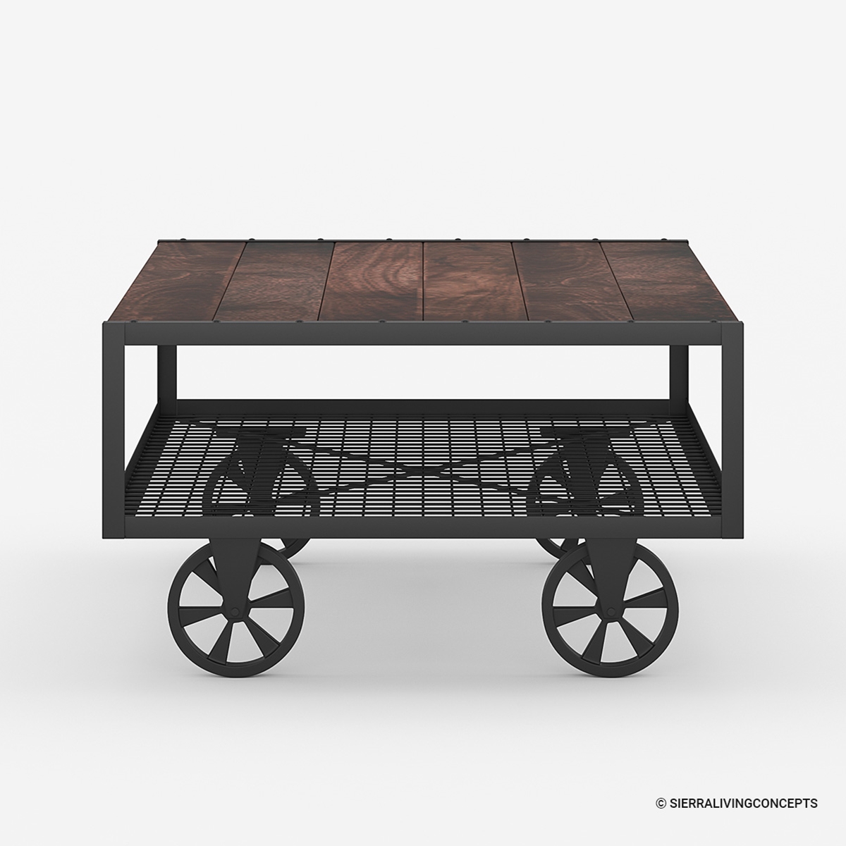 Adelanto Industrial Coffee Table on Wheels with Storage.