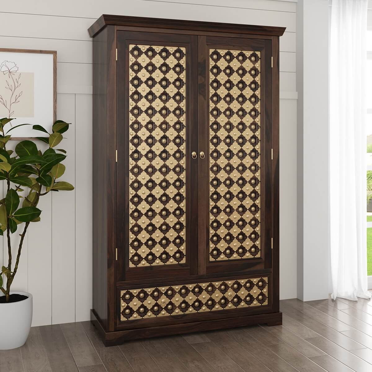 Morna Solid Teak Wood Clothing Armoire Wardrobe with Removal Shelves.