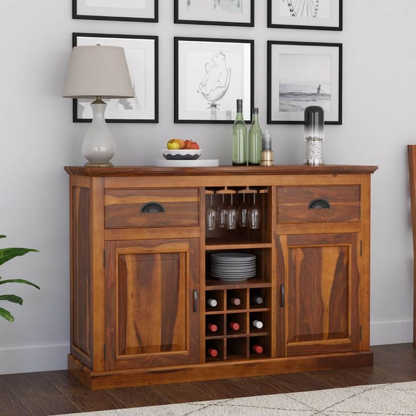 Picture of Rustic Solid Wood Large Sideboard With Wine Bar Storage