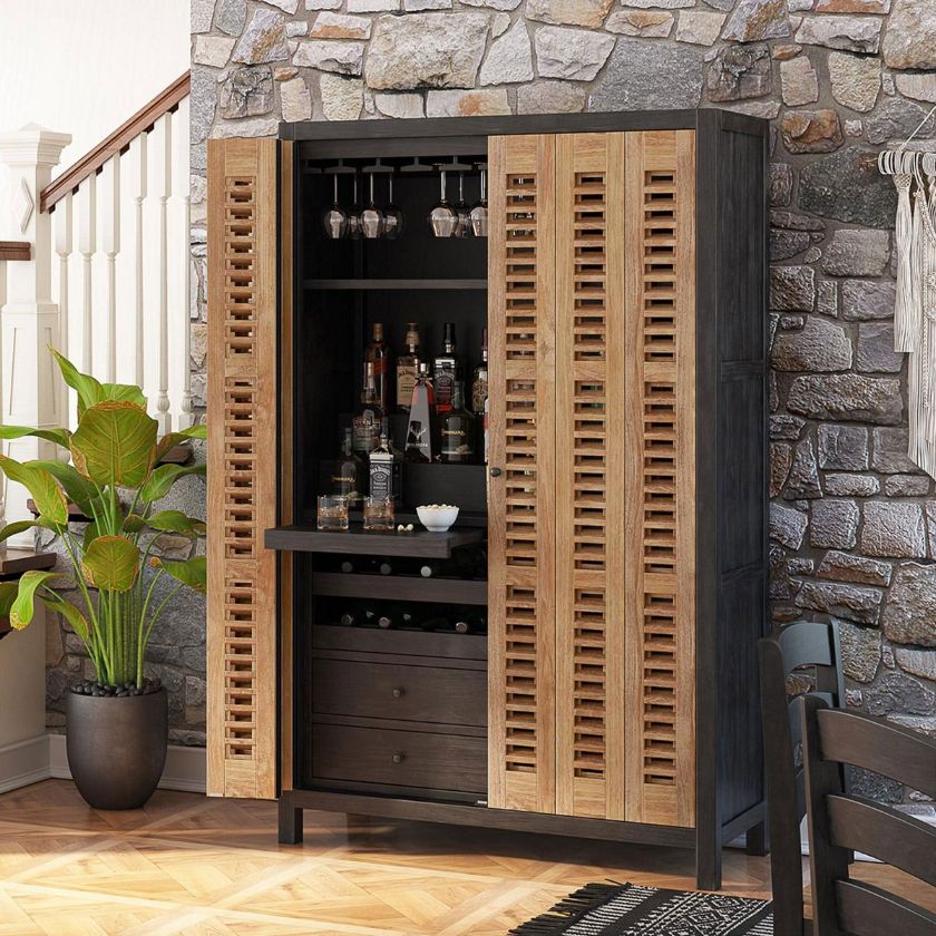 Picture of Belluno Rustic Solid Wood Tall Armoire Bar and Wine Cabinet 