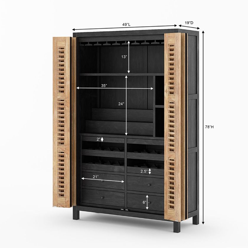 Belluno Rustic Solid Wood Tall Armoire Bar and Wine Cabinet  Dimension Image