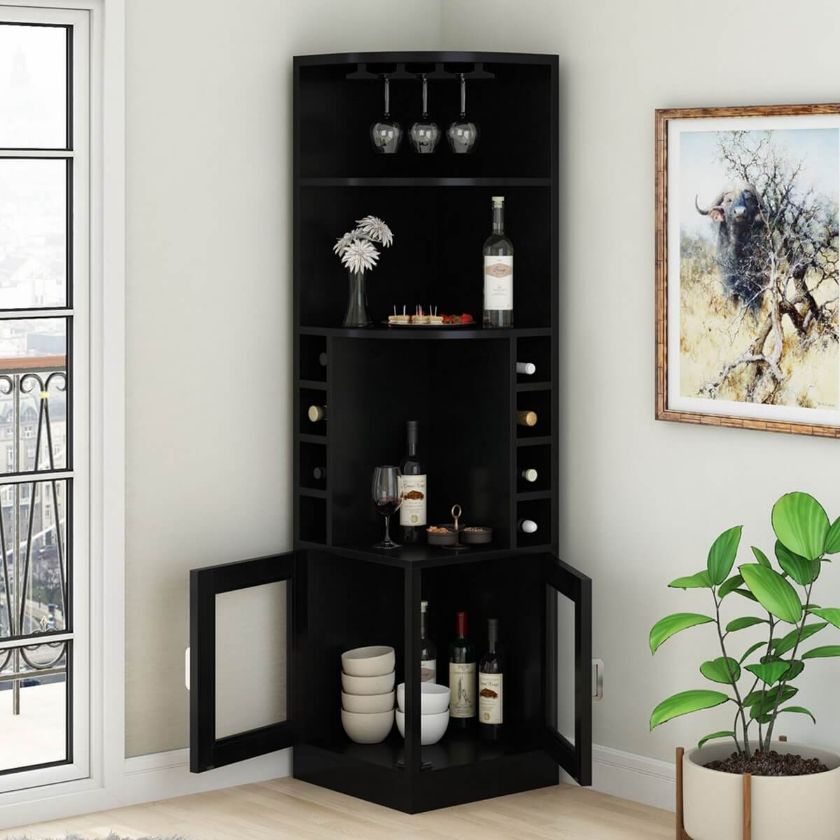 Picture of Padua Black Solid Wood Tall Narrow Corner Bar Cabinet