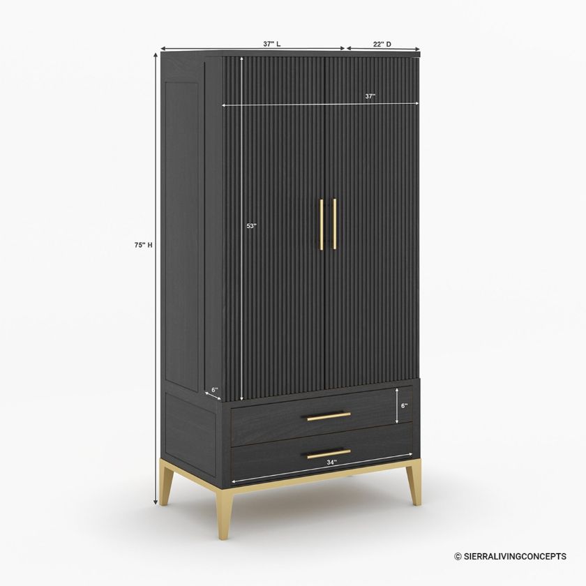 Lausanne 2 Tone Solid Wood Modern Tall Black Bar Cabinet Armoire Dimension Image