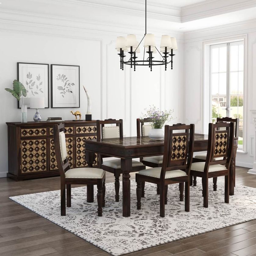 Picture of La Junta Brass Inlay Rustic Solid Rosewood 8 Piece Dining Room Set