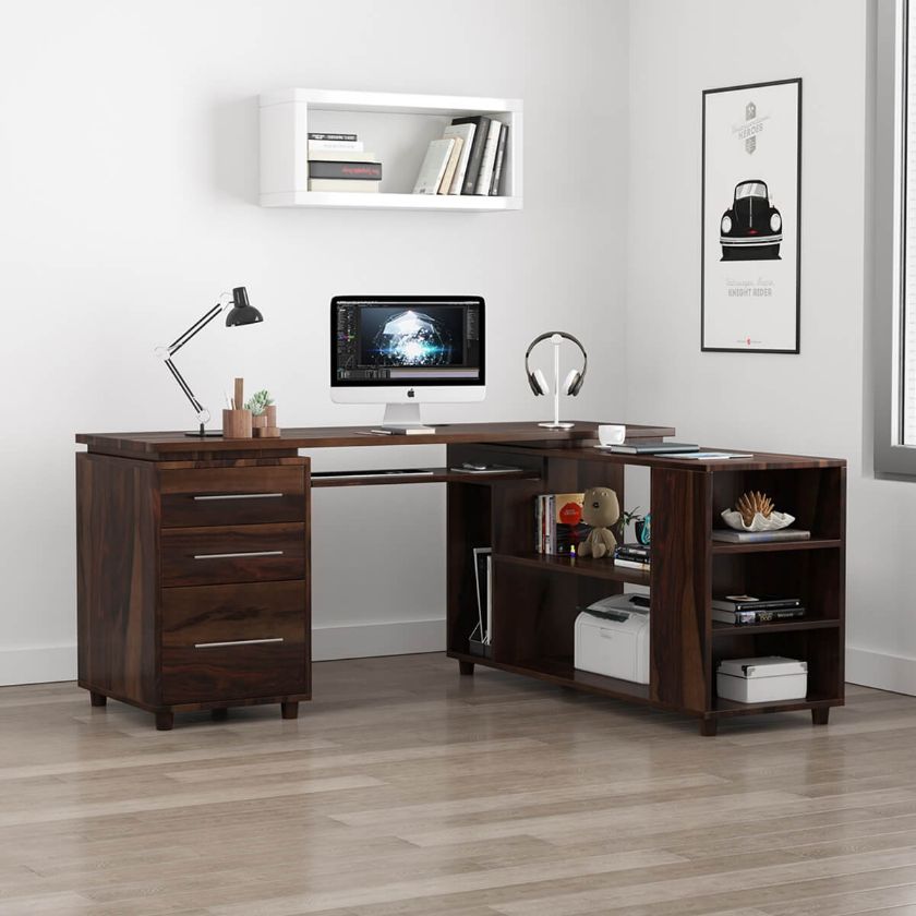Picture of Alaska Solid Wood Corner L-Shape Computer Desk with File Cabinet