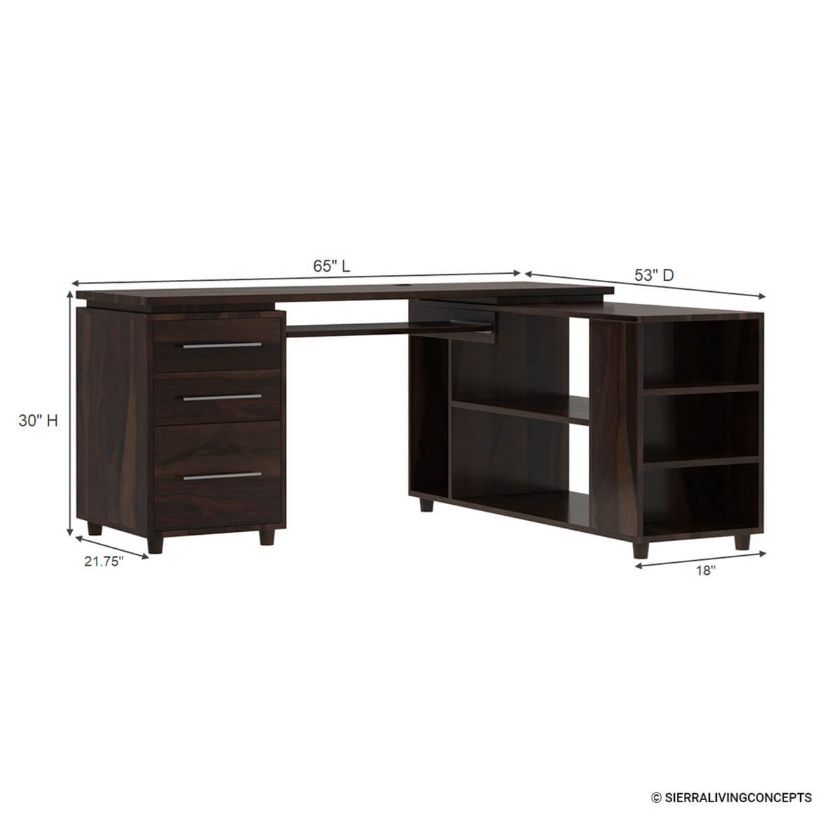 Alaska Solid Wood Corner L-Shape Computer Desk with File Cabinet Dimension Image