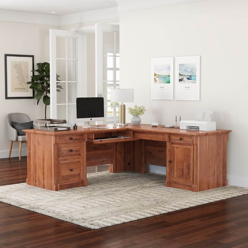 Picture of Ojai L-Shaped Solid Wood Executive Desk w Keyboard Tray & File Cabinet