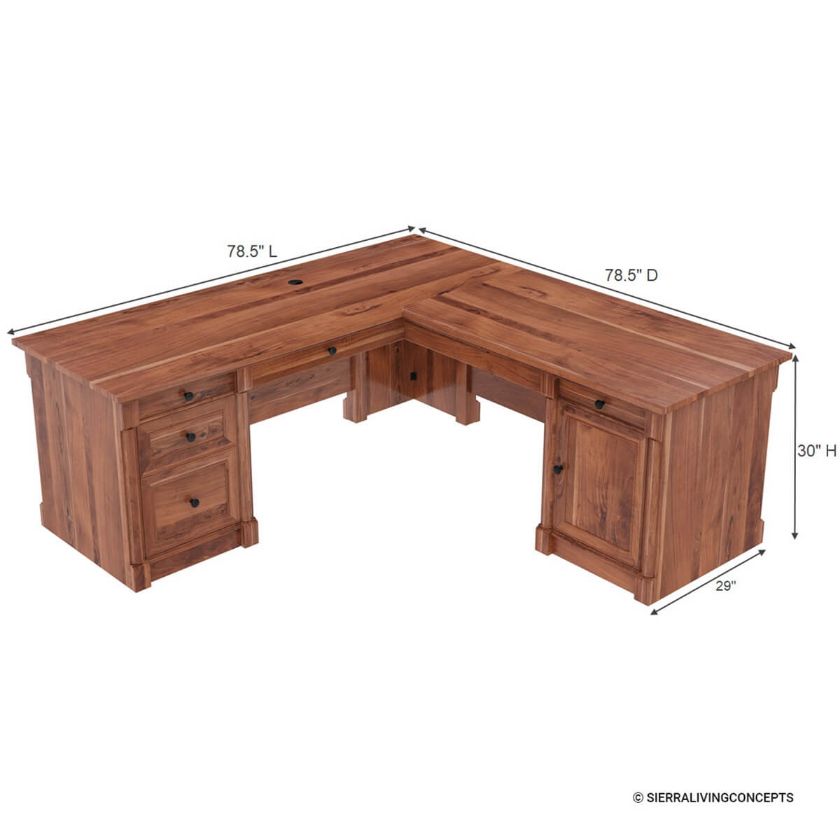 Ojai L-Shaped Solid Wood Executive Desk w Keyboard Tray & File Cabinet Dimension Image
