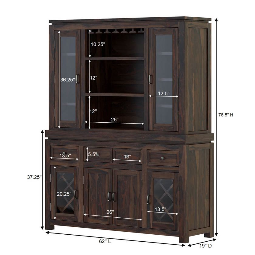 Sela Classic Rustic Solid Wood Dining Room Bar Hutch Cabinet Dimension Image