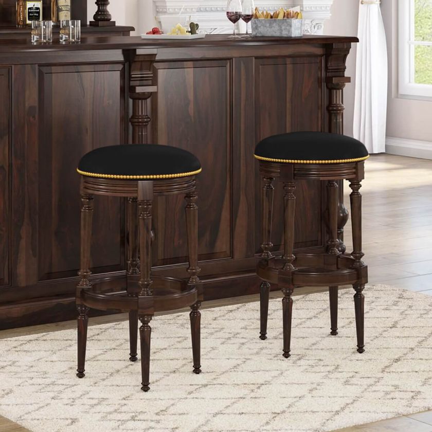Picture of Nahant Rustic Solid Wood Upholstered Round Bar Stool Set of 2