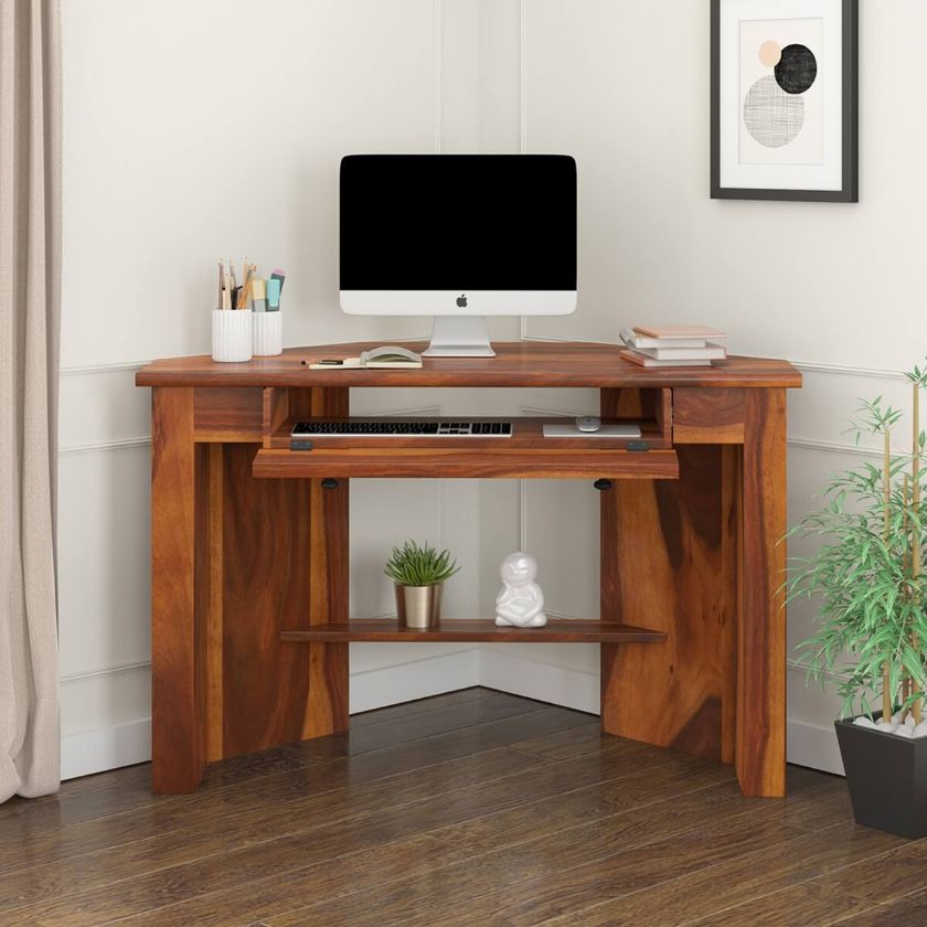 Picture of Lathrop Solid Wood Contemporary Corner Computer Desk w Keyboard Tray