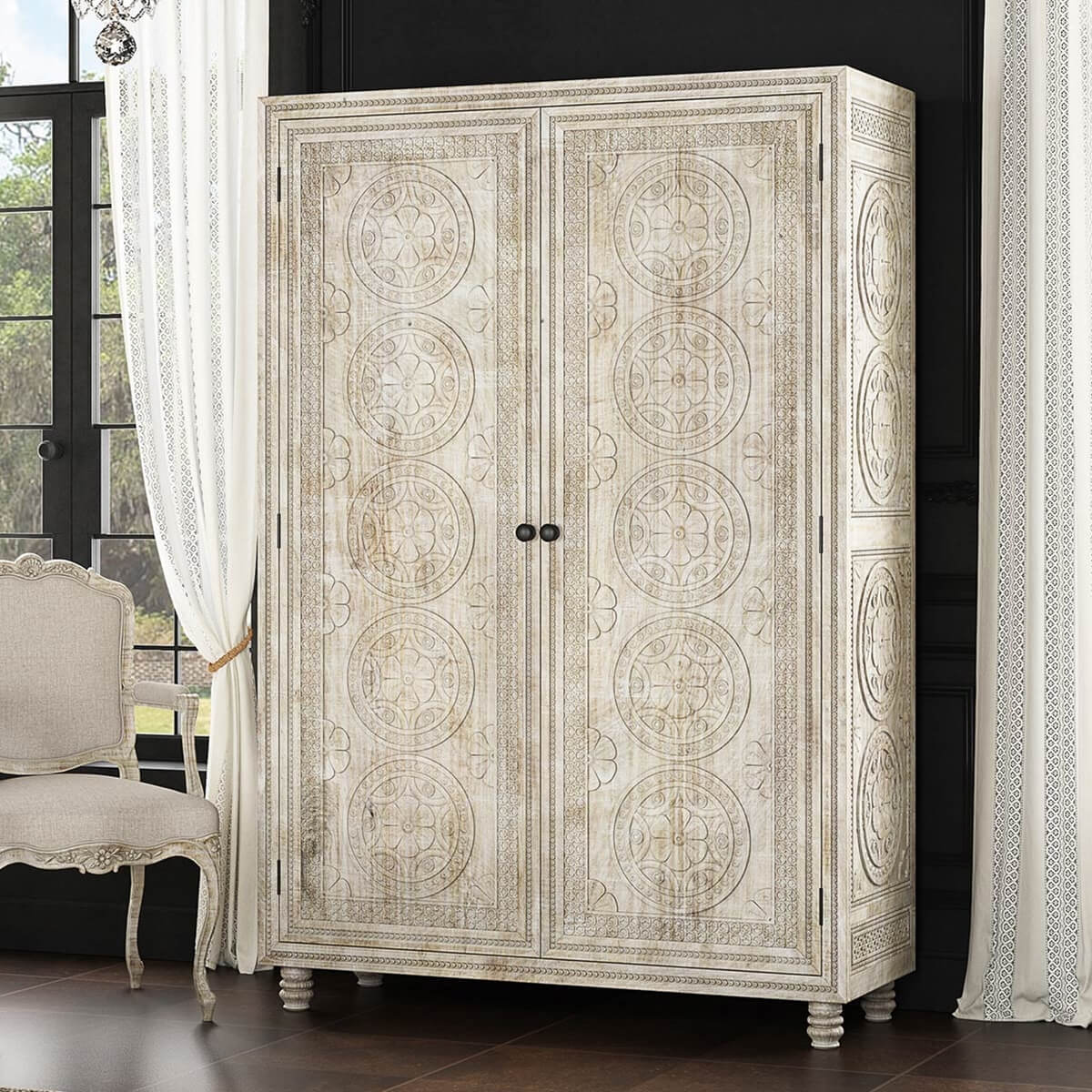 Calistoga Handcarved Weathered Solid Wood Large White Wardrobe Armoire