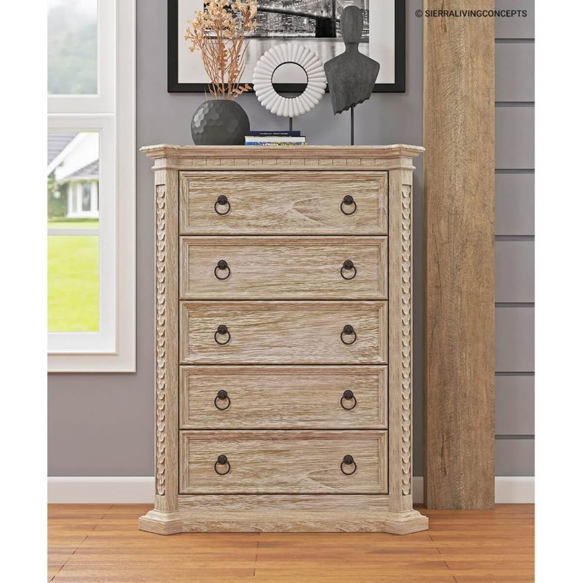 Picture of Nebula Hand Carved Solid Wood Tall Dresser With 5 Drawers