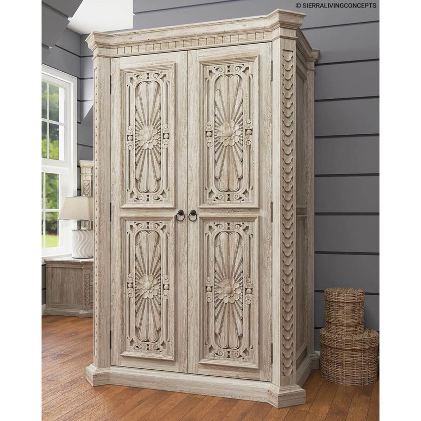 Picture of Nebula Rustic Solid Wood Hand-Carved Armoire With 4 Drawers