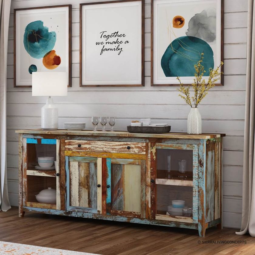 Picture of Wilmington Rustic Solid Wood Extra Long Buffet Cabinet with Glass Door