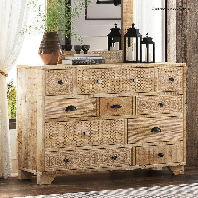 Picture of Cumbria Handcrafted Rustic Solid Mango Wood Carved 10 Drawer Dresser