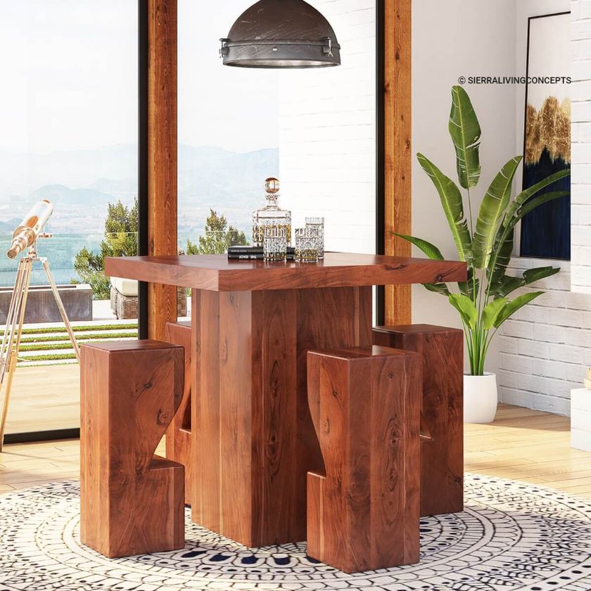 Picture of Helena Solid Wood Square Bar Table With Set Of 4 Bar Stools