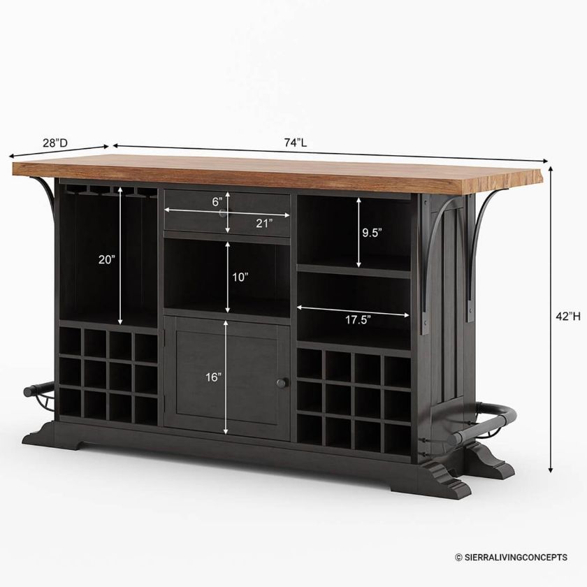 Avignon Rustic Solid Wood Black Home Bar Dimension Image