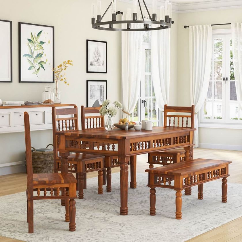 Picture of Haines Rustic Solid Wood Dining Table Chair Bench Set