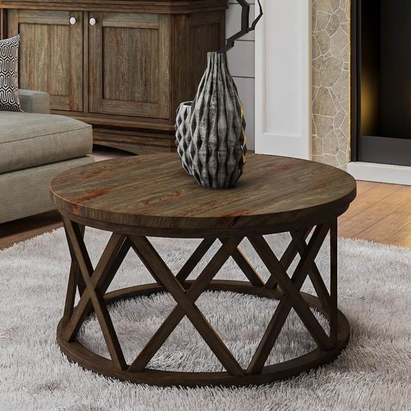 Picture of Mariefred Rustic Transitional Style Teak Wood Round Coffee Table