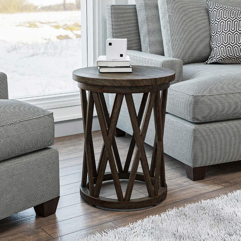 Picture of Mariefred Rustic Teak Wood Round End Table With X-Shaped Base