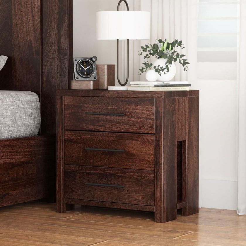 Picture of Finnikin Rustic Solid Wood Nightstand With 3 Drawers