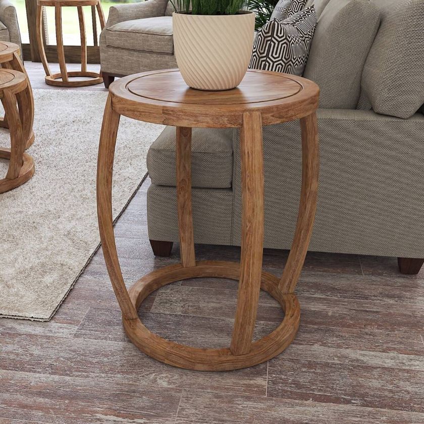 Picture of Dubbo Rustic Teak Wood Round Barrel Shape End Table