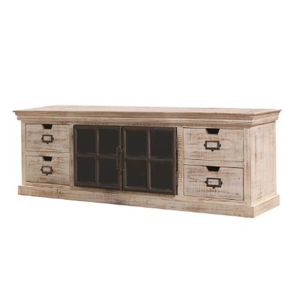 Picture of Bengower Rustic Solid Wood White 4 Drawer TV Bench Stand Media Cabinet