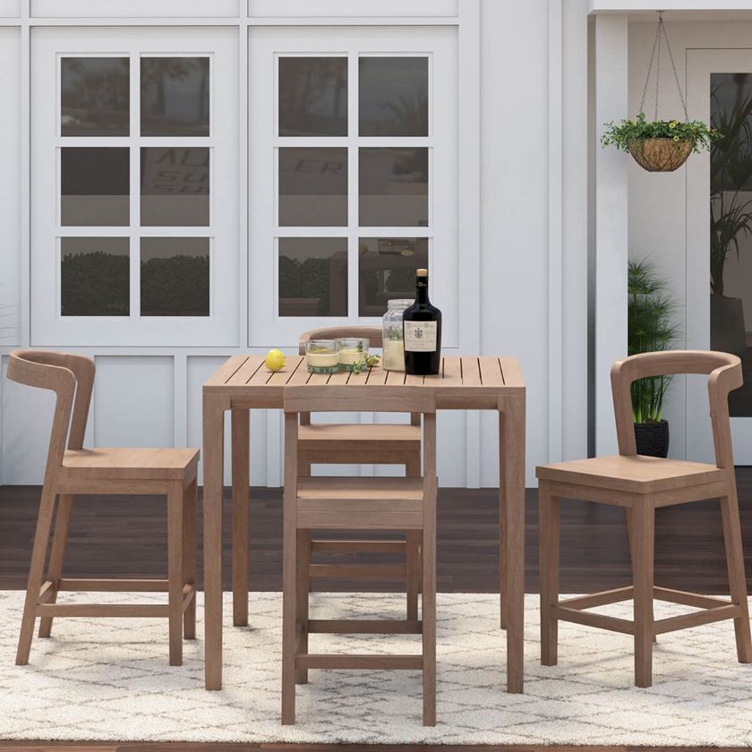 Picture of Ravenna Rustic Teak Wood Outdoor Dining Bar Table Chair Set