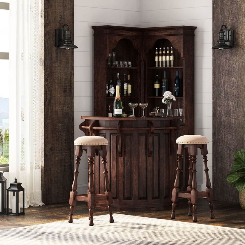 Picture of Valentano Rustic Solid Wood Corner Home Bar With Stools