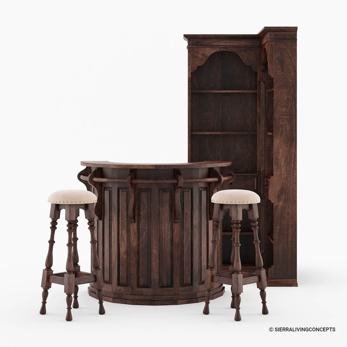 Valentano Rustic Solid Wood Corner Home Bar With Stools.