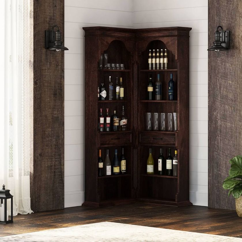 Picture of Valentano Rustic Solid Wood 2 Drawer Corner Home Bar Cabinet