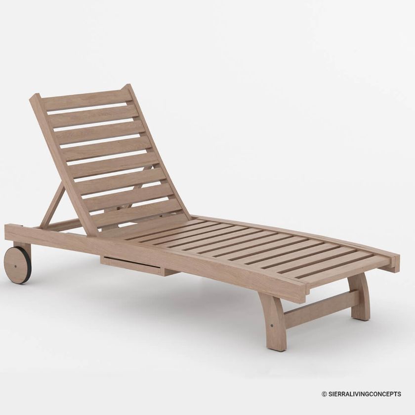 Holtville Rustic Teak Patio Chaise Lounge Chair With Wheels Dimension Image