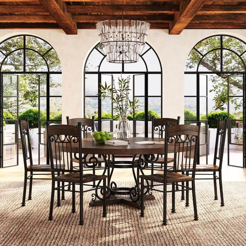 Picture of Mansfield 6 Seater Solid Wood & Wrought Iron Round Dining Set