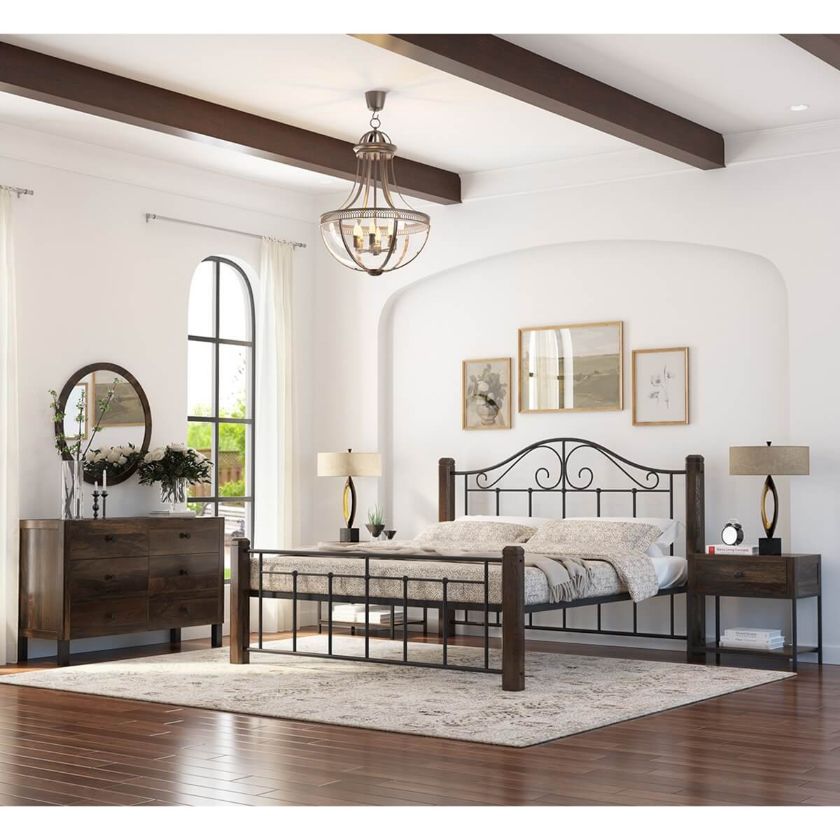 Picture of Syracuse 4 Piece Rustic Solid Wood & Wrought Iron Bedroom Set