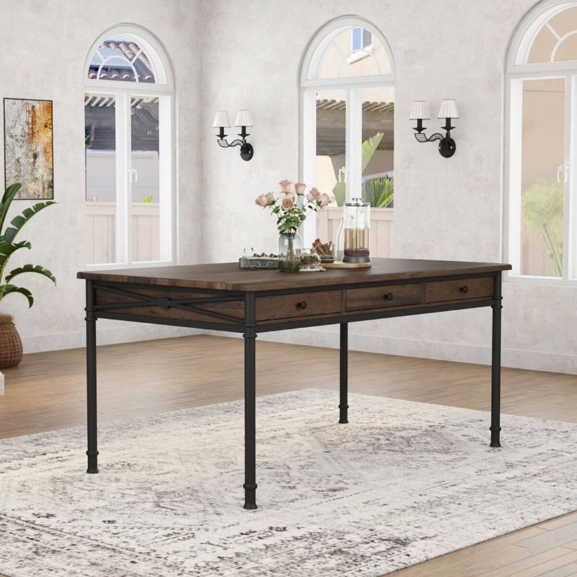 Pontevedra Rustic Solid Wood & Wrought Iron 6 Drawer Dining Table.