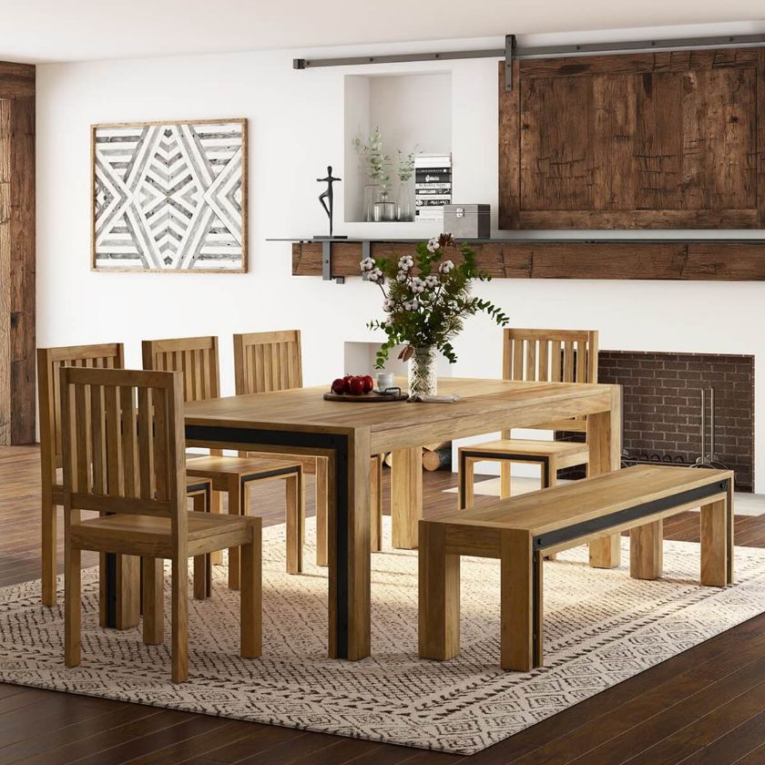 Picture of Marseille Rustic Solid Wood Dining Table Chair & Bench Set