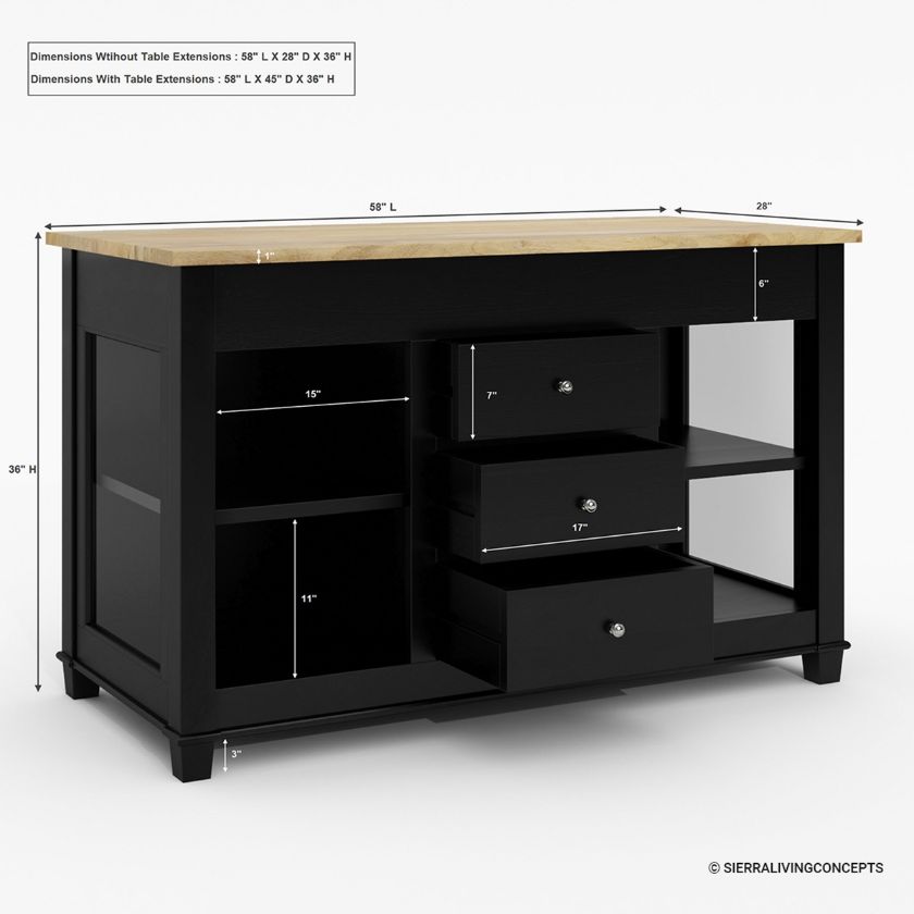 Alburgh Solid Wood Extendable Kitchen Island with Drawers Dimension Image