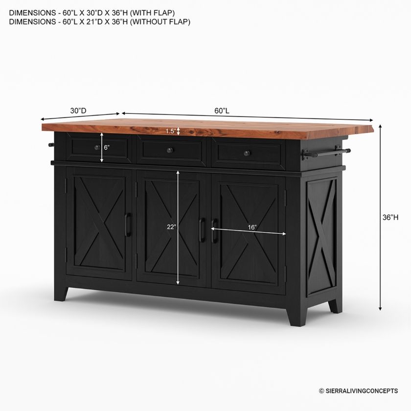 Enosburg Rustic Solid Wood Two Tone Kitchen Island with Drop Leaf Dimension Image