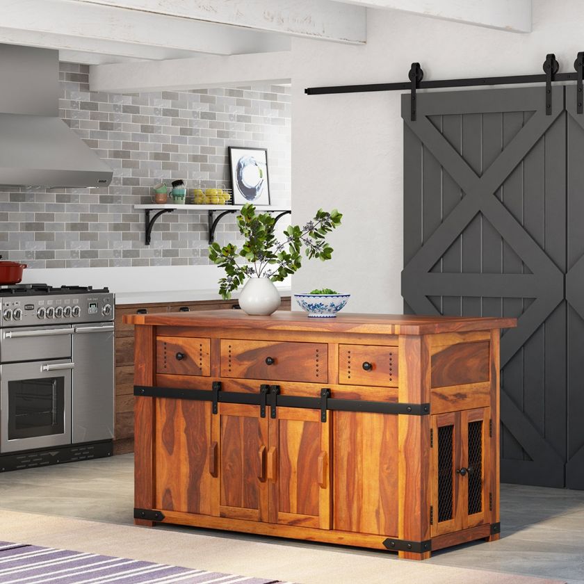 Picture of Poultney Rustic Solid Wood 3 Drawer Kitchen Island