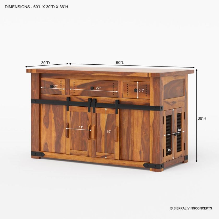 Poultney Rustic Solid Wood Kitchen Island with Slider Door Storage Dimension Image