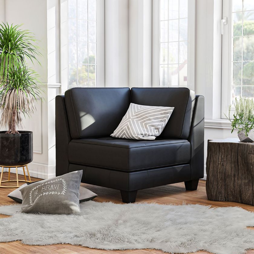 Picture of Brownsville Solid Wood Upholstered Black Leather Corner Sofa Chair		