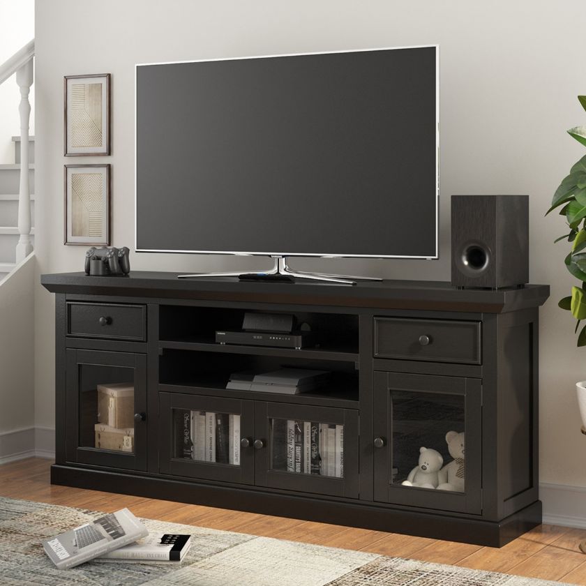 Picture of Chariton Rustic Solid Wood Black 72 Inch TV Stand with Glass Doors