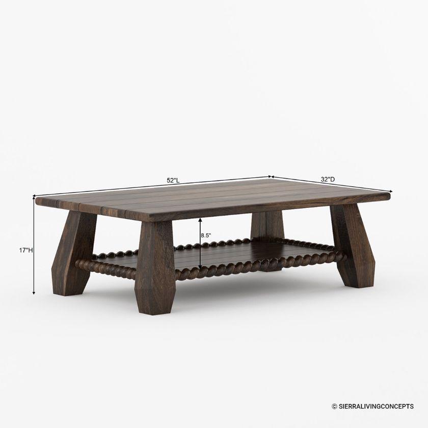Enniskerry Large Rustic Solid Wood Rectangle Coffee Table Dimension Image