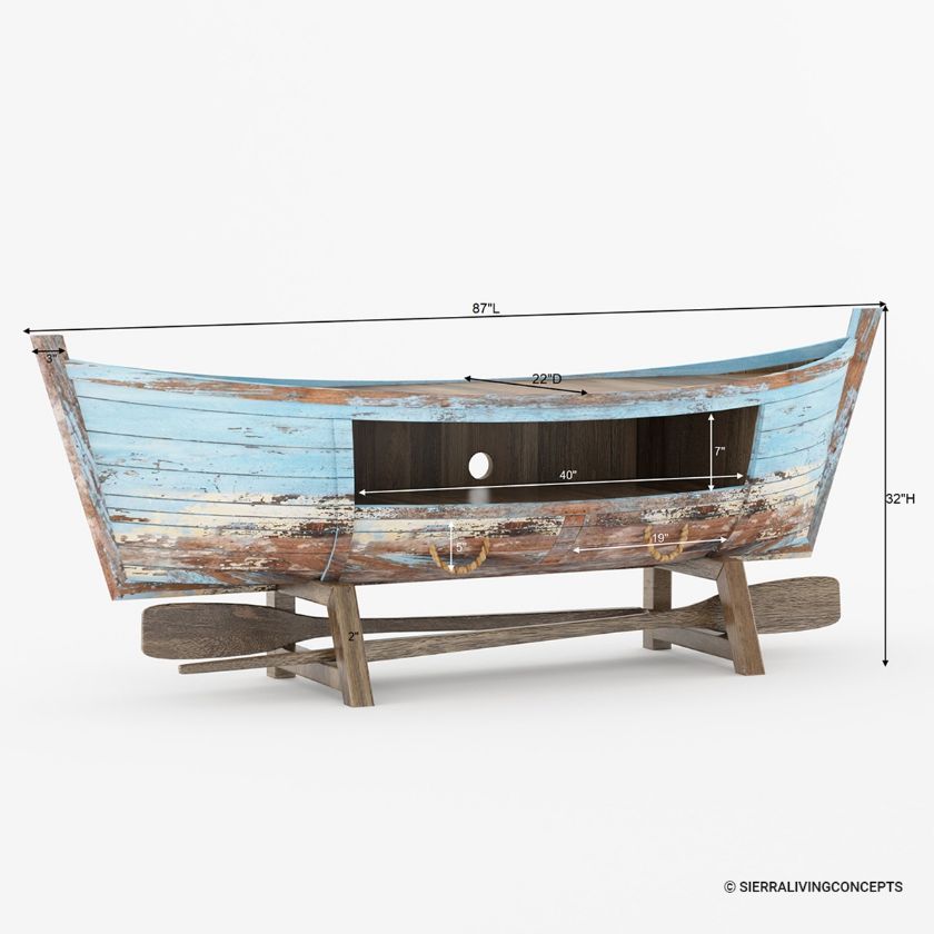 Palencia Unique Boat Shape Rustic Solid Wood Large TV Stand (87