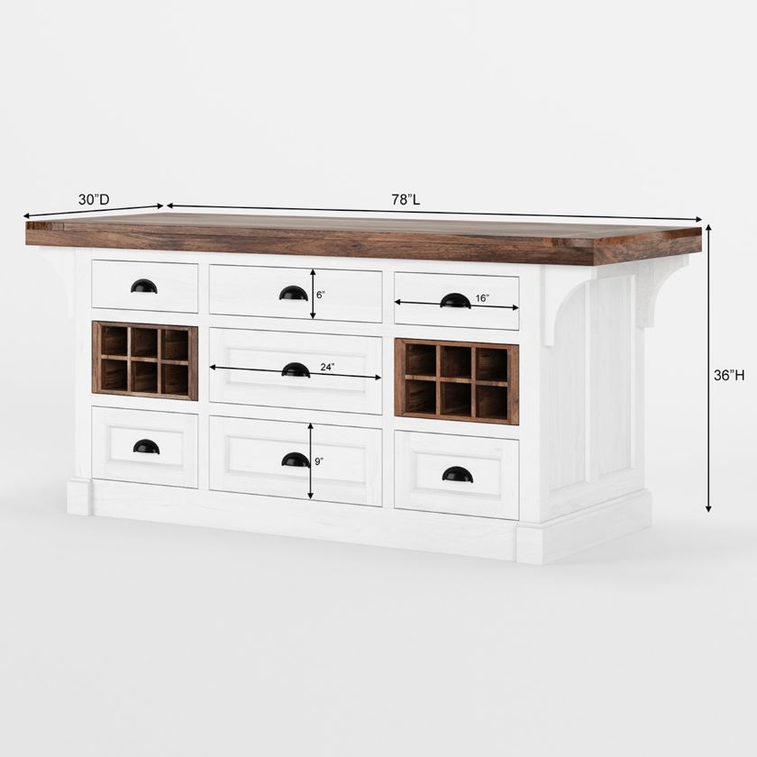 Villeneuve Solid Wood 2 Tone 7 Drawer Kitchen Island with storage Size Image